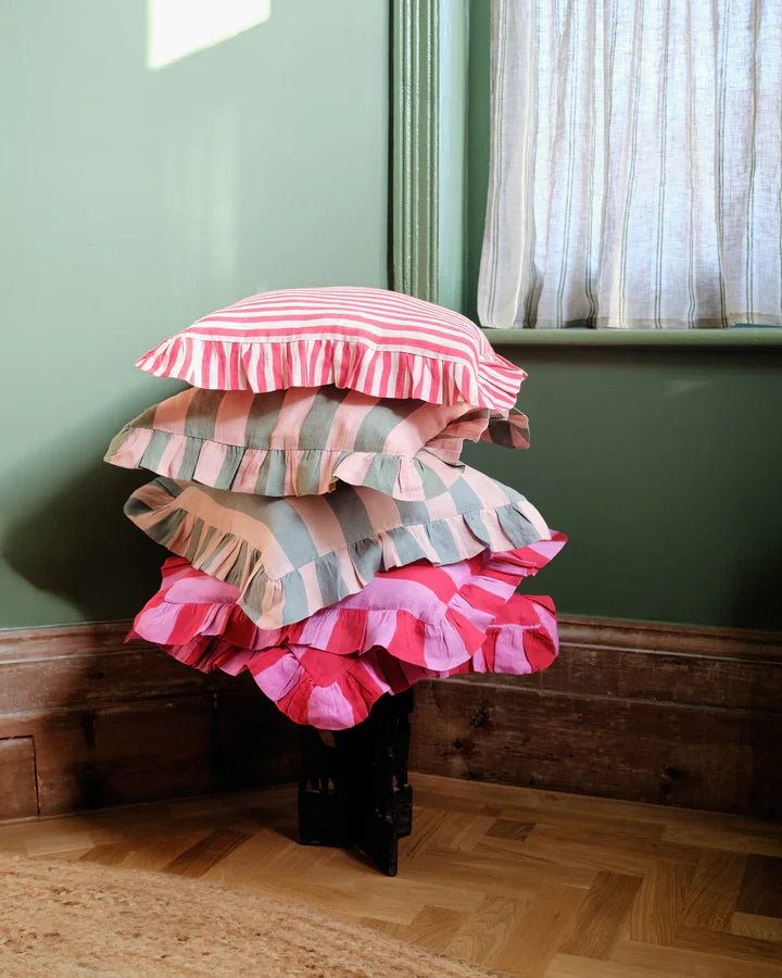 Cherry red candy stripe linen cushion cover, detail view