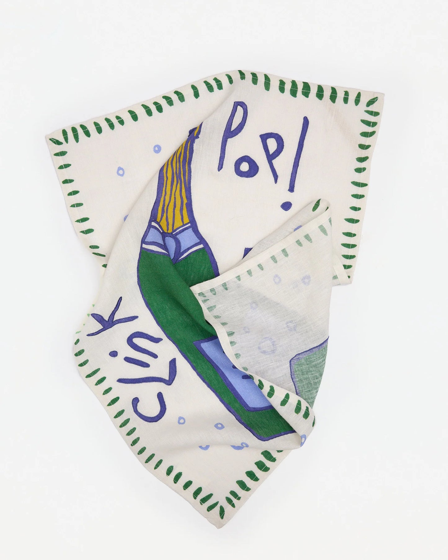 100% sustainable Flax Linen tea towel Hand-crafted unique design printed with eco-friendly dyes from Amuse la Bouche. champagne bottle with 'Pop! Fizz!'