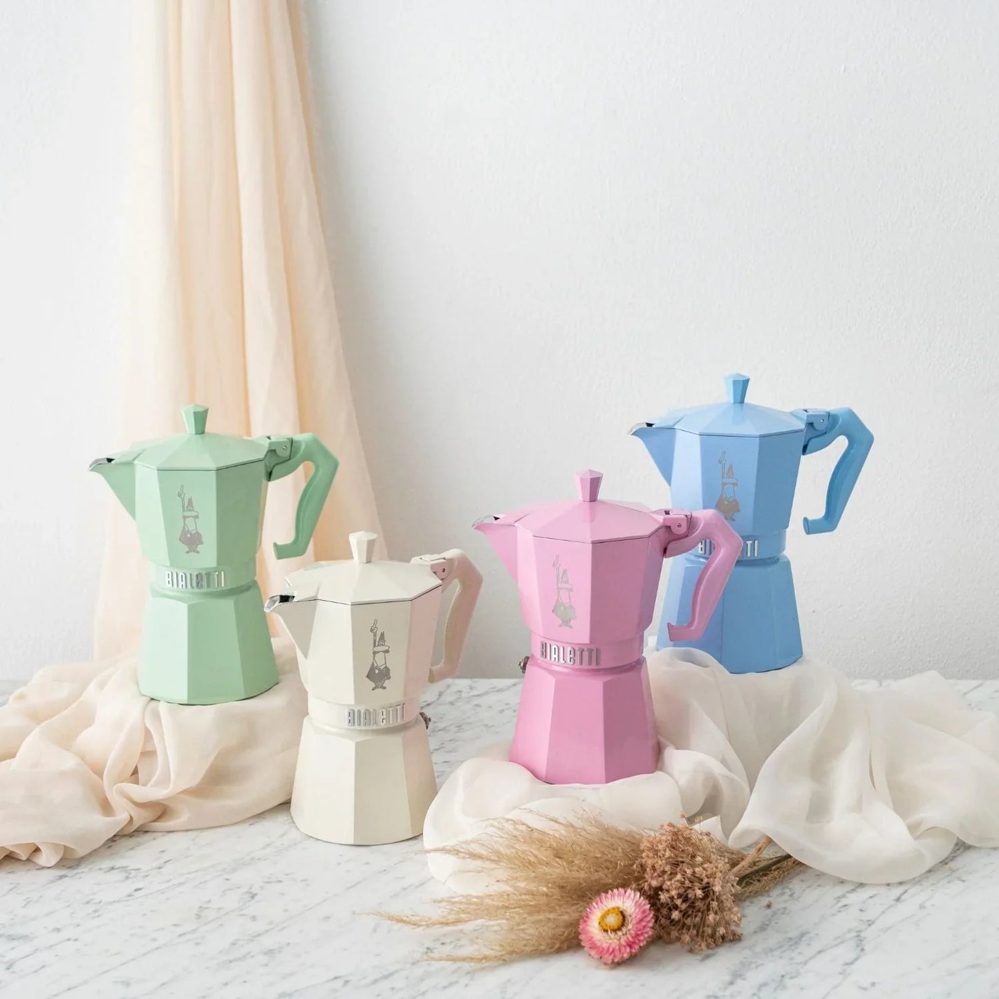 Bialetti Moka Express stovetop coffee makers in pastel colours
