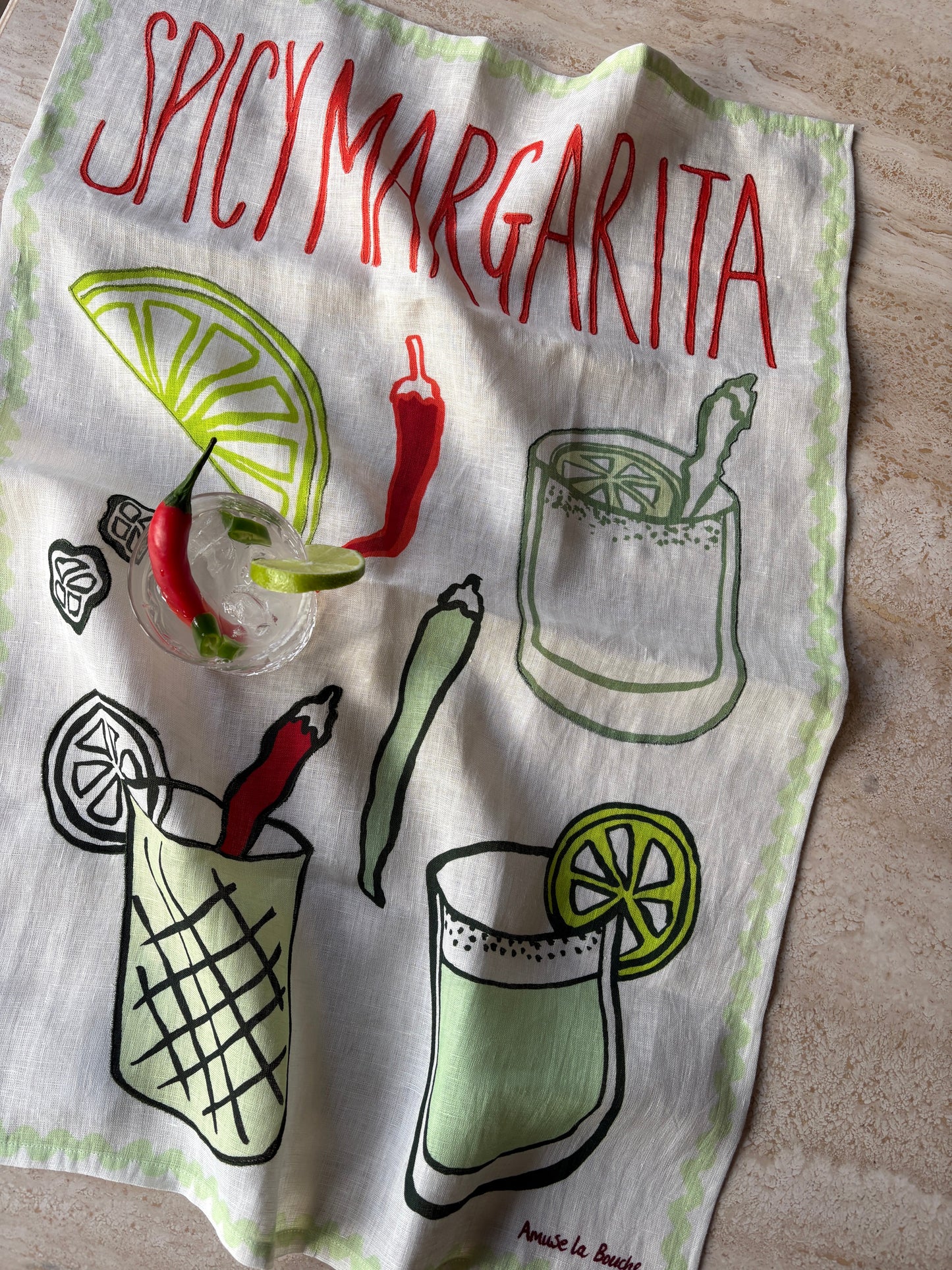 100% sustainable Flax Linen Spicy Margarita tea towel Hand-crafted unique design printed with eco-friendly dyes from Amuse la Bouche.