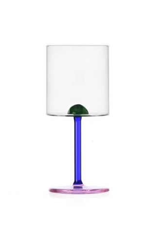 Stylish European design hand made and flame worked clear wine glass. with a feature green hemisphere dot, blue stem and pink base