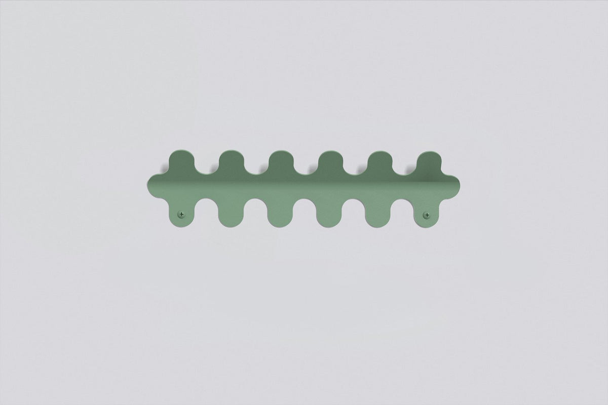 6 hook wiggle wall hanger in matt mist green, wall-mounted coat and hat rack