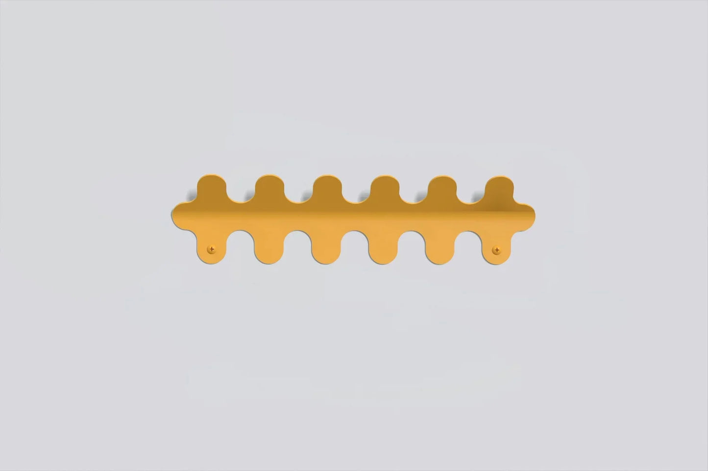 6 hook wiggle wall hanger in matte mustard yellow, wall-mounted coat and hat rack