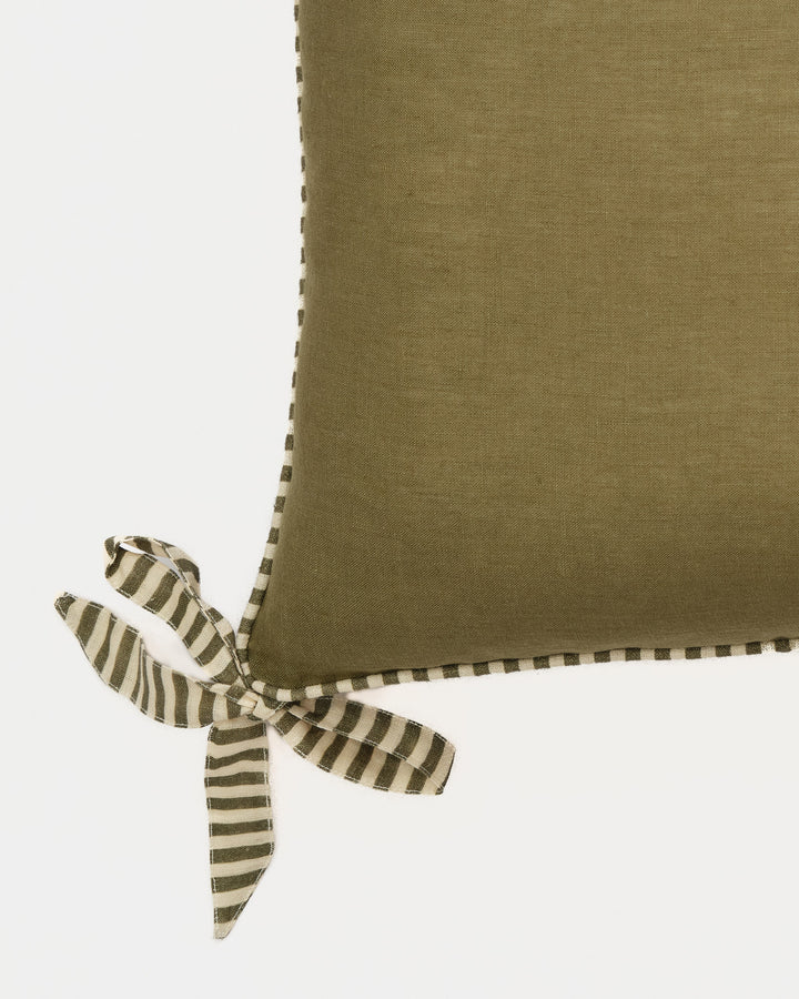Olive ribbon trim linen cushion cover, close-up of ribbon detail