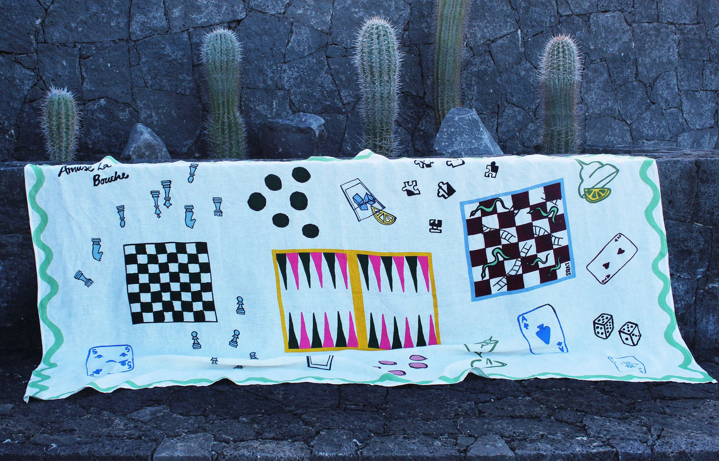 Games-print linen tablecloth, folded detail