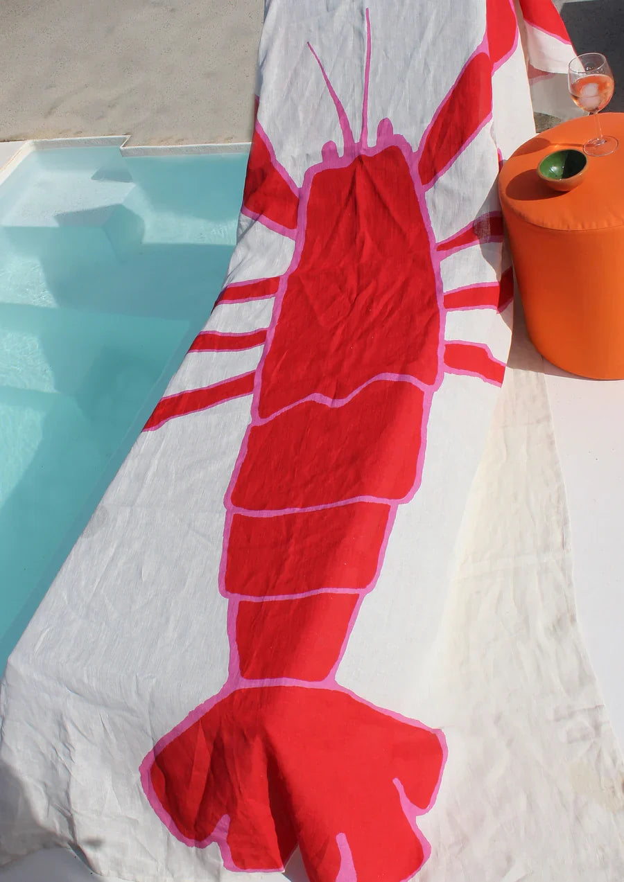 Lobster print linen tablecloth, folded detail