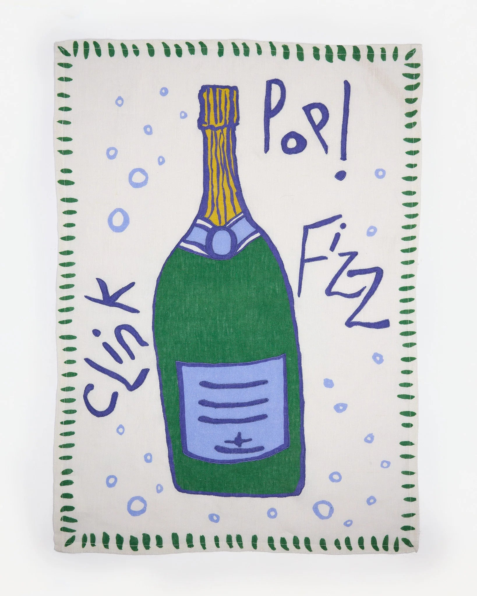 100% sustainable Flax Linen tea towel Hand-crafted unique design printed with eco-friendly dyes from Amuse la Bouche.  champagne bottle with 'Pop! Fizz!' 