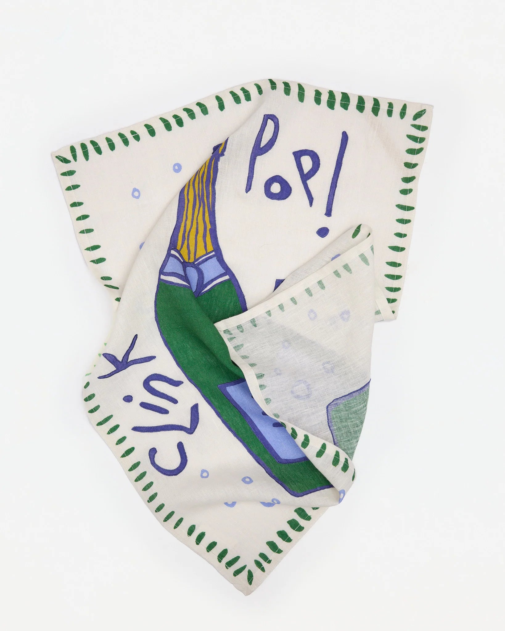 100% sustainable Flax Linen tea towel Hand-crafted unique design printed with eco-friendly dyes from Amuse la Bouche.  champagne bottle with 'Pop! Fizz!' 