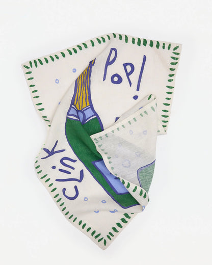 100% sustainable Flax Linen tea towel Hand-crafted unique design printed with eco-friendly dyes from Amuse la Bouche.  champagne bottle with 'Pop! Fizz!' 