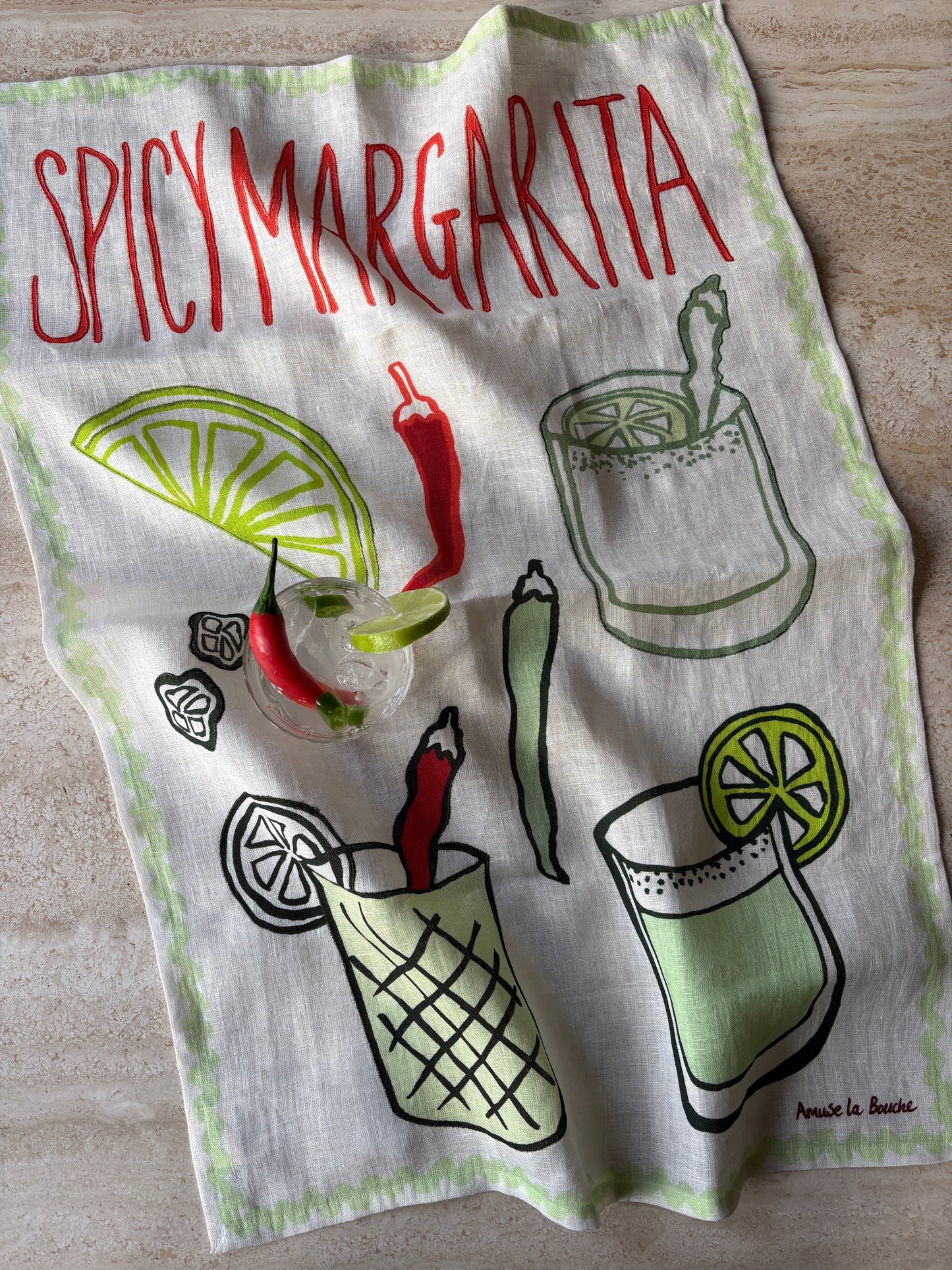 100% sustainable Flax Linen Spicy Margarita tea towel Hand-crafted unique design printed with eco-friendly dyes from Amuse la Bouche.   