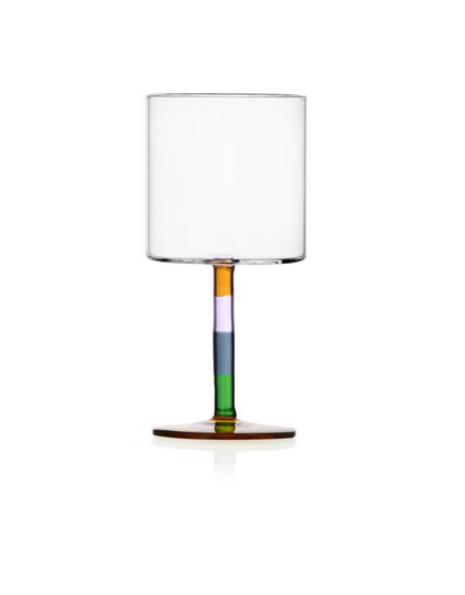 Beautifully hand crafted, lamp worked clear wine glass with a feature multi-coloured stem. Stem features green, pink, yellow, light grey.