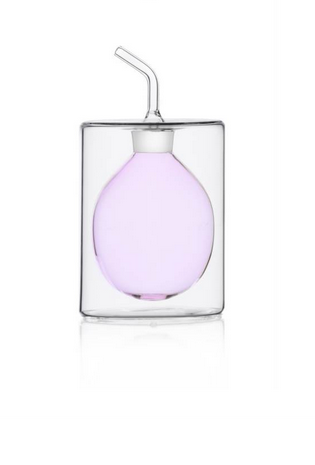 Stylish 2 walled glass oil bottle. Clear glass with pink interior.
 Great for kitchen use and will add a touch of class to any dining table. 
Can be used for oil, vinegar, syrup dispensing.
150 ml capacity.