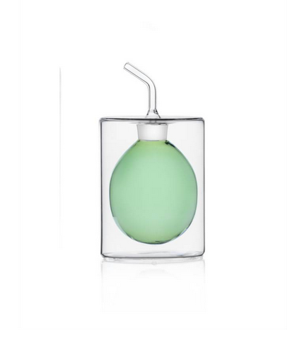 Hand crafted and flame worked Stylish 2 walled glass oil or vinegar dispenser. Clear glass with green interior 150 ml capacity. 