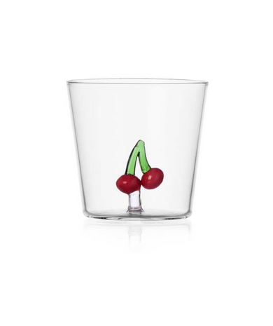 clear glass tumbler with stylish red cherries as a feature.
Hand made and flame worked