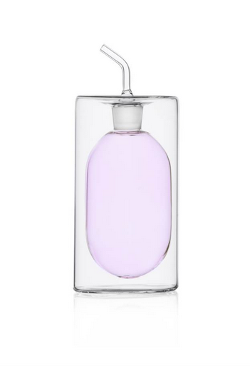 Stylish 2 walled glass oil bottle. Clear glass with pink interior 250 ml capacity. Hand made and flame worked.
Oil,Vinegar, Syrup dispenser