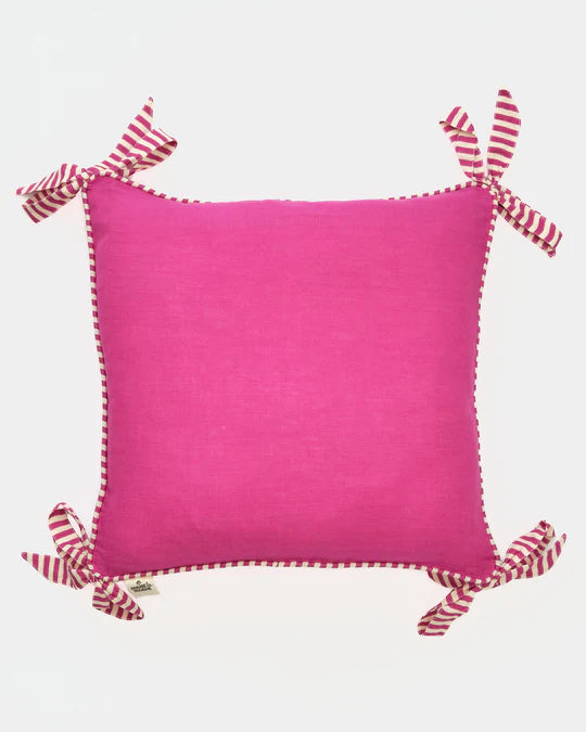 Amuse la Bouche 100% Flax linen Fuchsia cushion edged with fuchsia and white striped trim. Feather inner